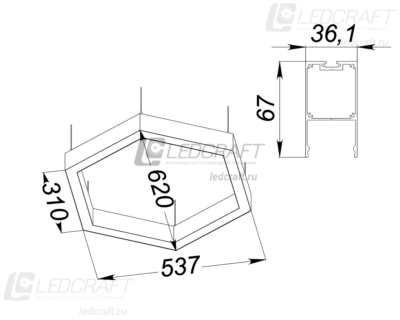 Шестигранный профильный контурный светодиодный светильник LC-SHG-6735 30 Вт 310x6 мм 3000К Опал - фото 2