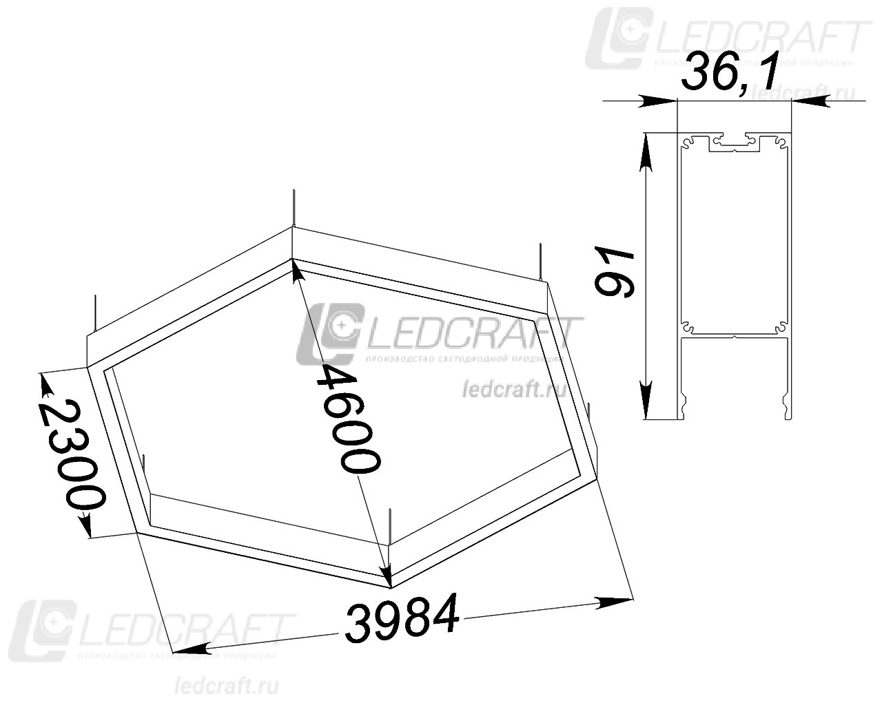 Шестигранный профильный контурный светодиодный светильник LC-SHG-9035 240 Вт 2300x6 мм 6000К Опал - фото 2