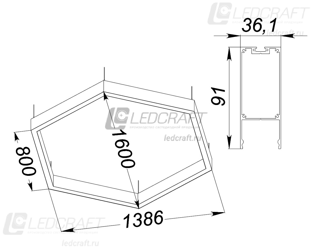 Шестигранный профильный контурный светодиодный светильник LC-SHG-9035 156 Вт 800x6 мм 3000К Опал - фото 2
