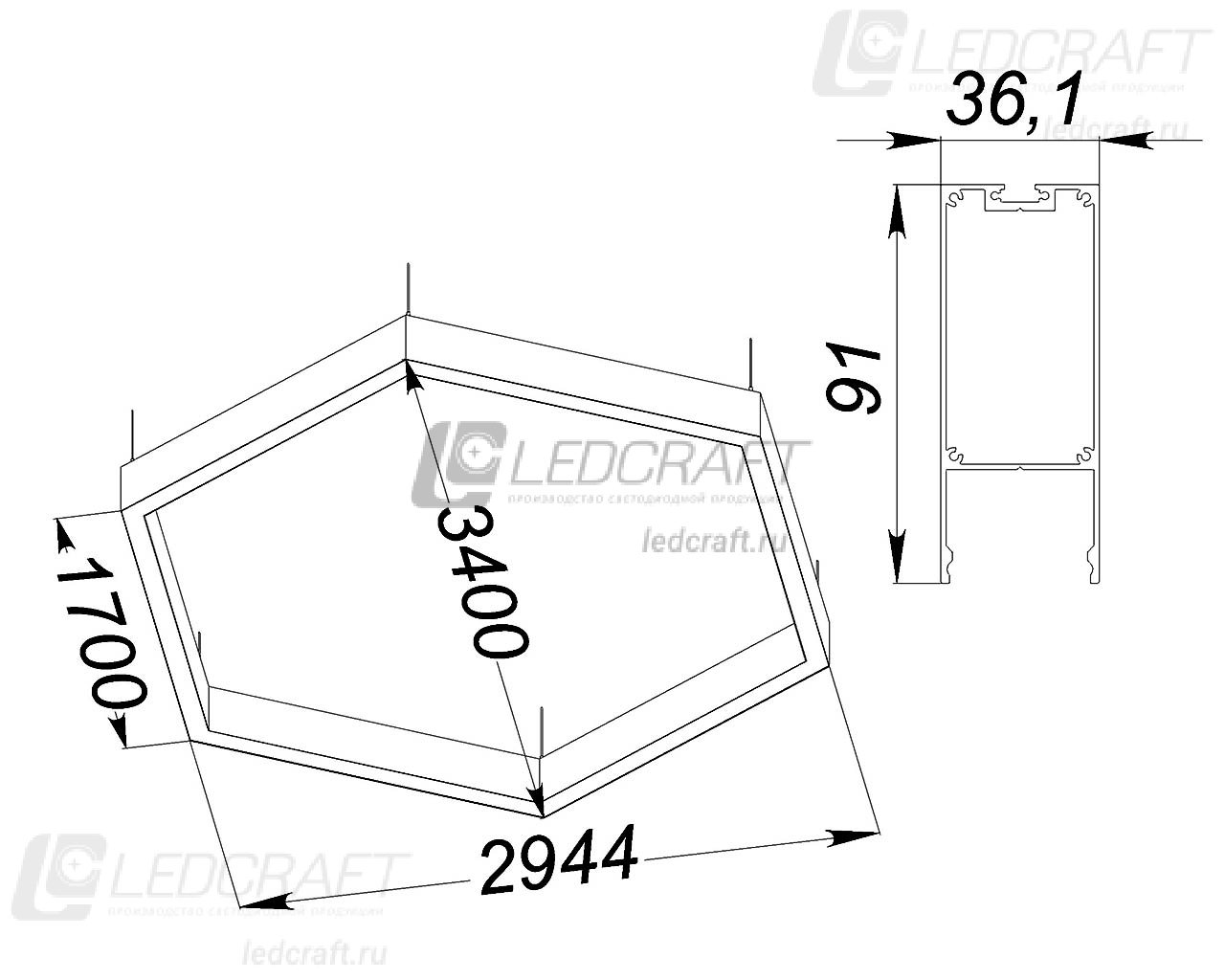 Шестигранный профильный контурный светодиодный светильник LC-SHG-9035 360 Вт 1700x6 мм 4000К Опал - фото 2
