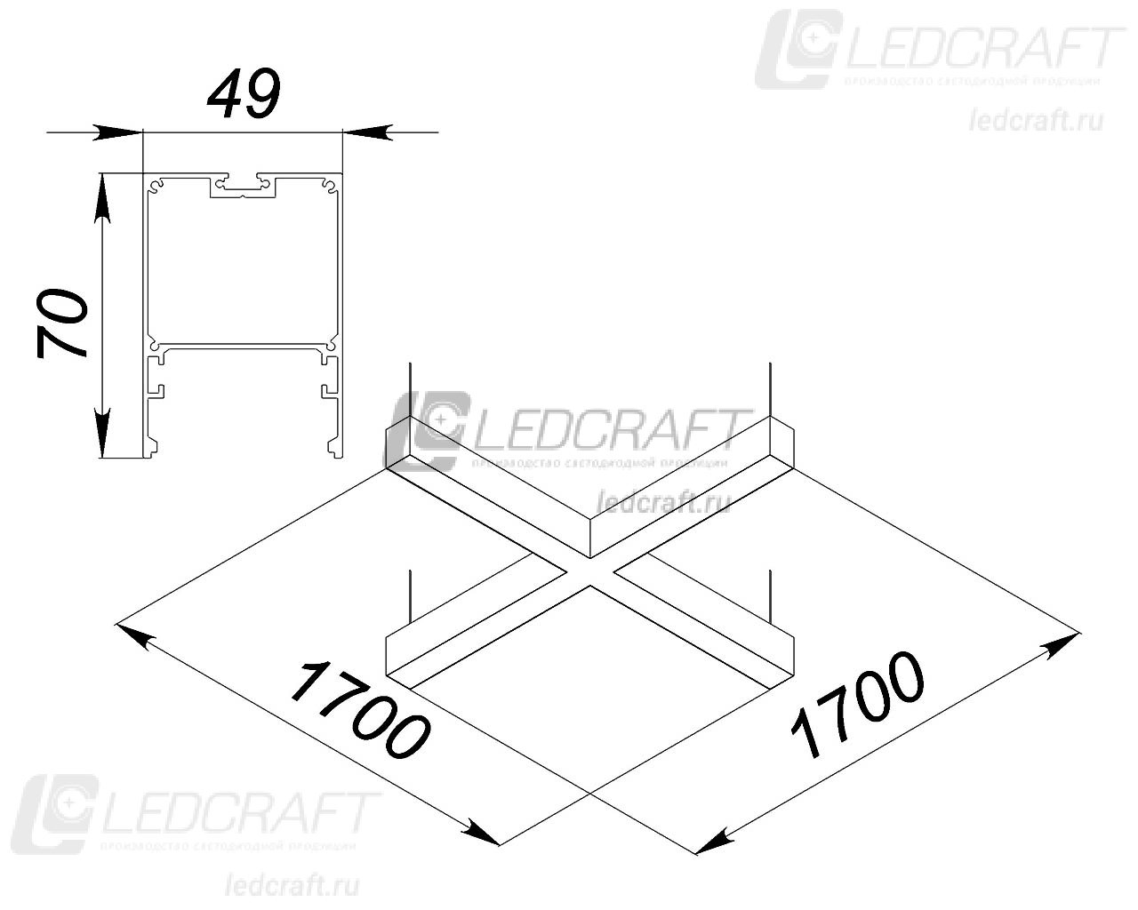 X-образный профильный контурный светодиодный светильник LC-XOB-7050 360 Вт 1700x1700 мм 6000К Опал - фото 2